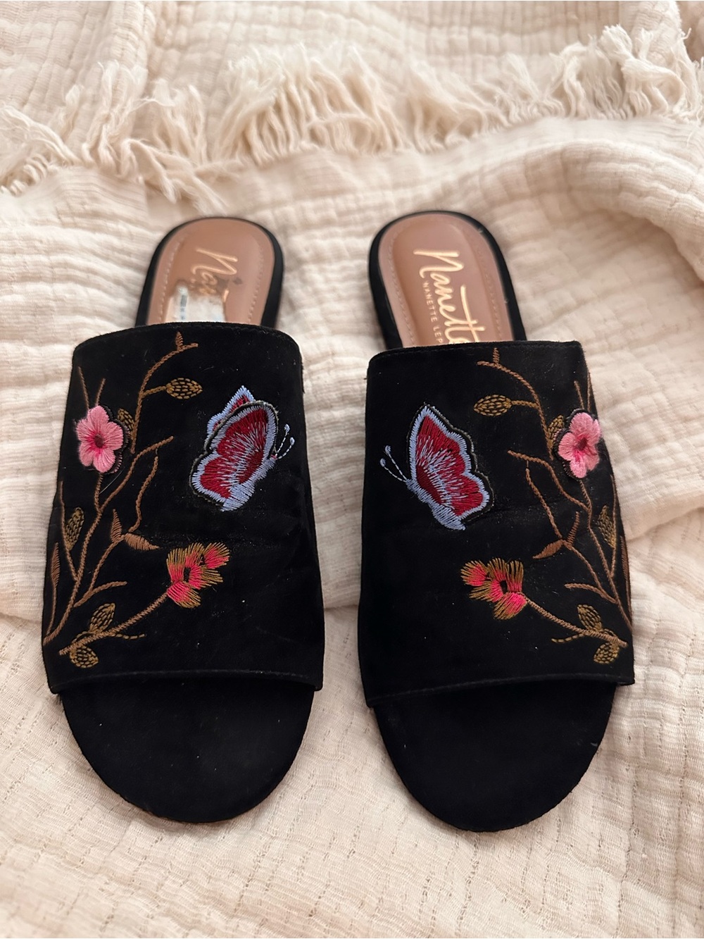 Nanette Lepore Black Suede Floral Embroidered Slide Mules